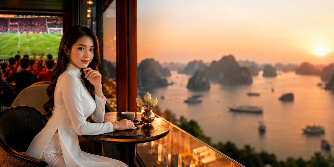 Phụ nữ mặc áo dài bên vịnh Hạ Long tượng trưng cho ưu đãi nạp tiền đặc sắc của 45i